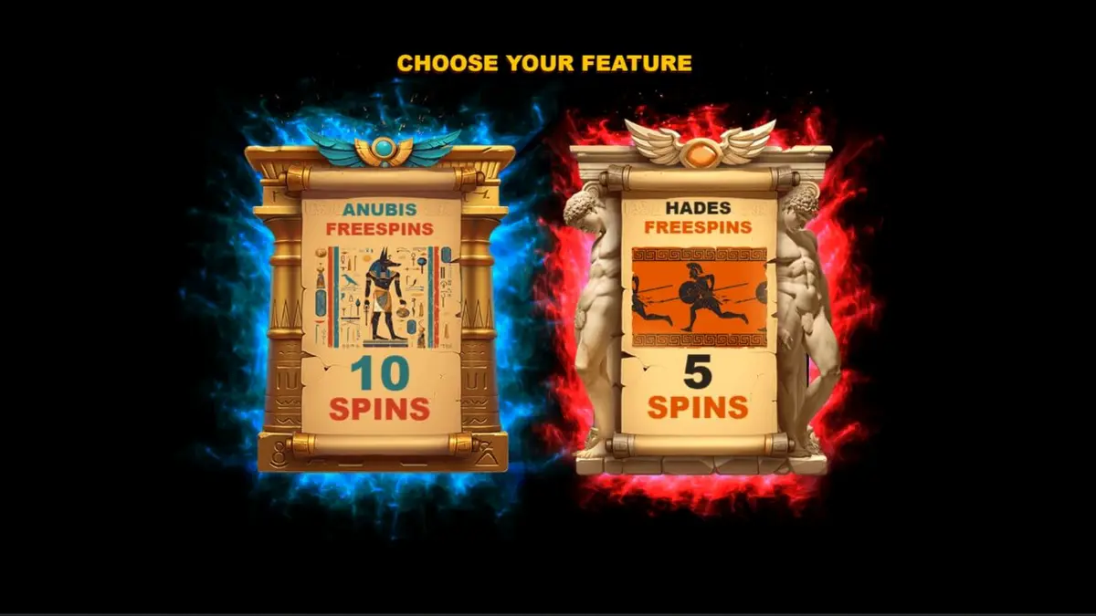Visual epik dari Clash of Gods: Anubis vs Hades yang menampilkan dua dewa dalam pertempuran di atas gulungan slot.